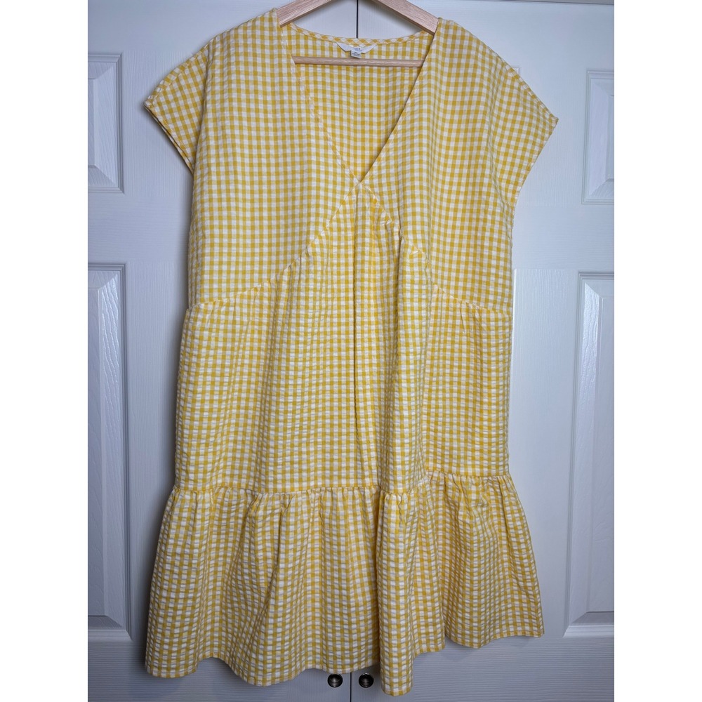 Time and Tru Yellow Gingham Tiered V-Neck Mini Dress XL 16-18 Seersucker Pockets